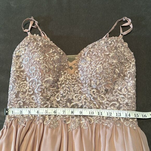 Women’s Pink Chiffon & Lace Appliqué Bridesmaid Dress Zip Up & Leg Slit Size 8 - Picture 11 of 12